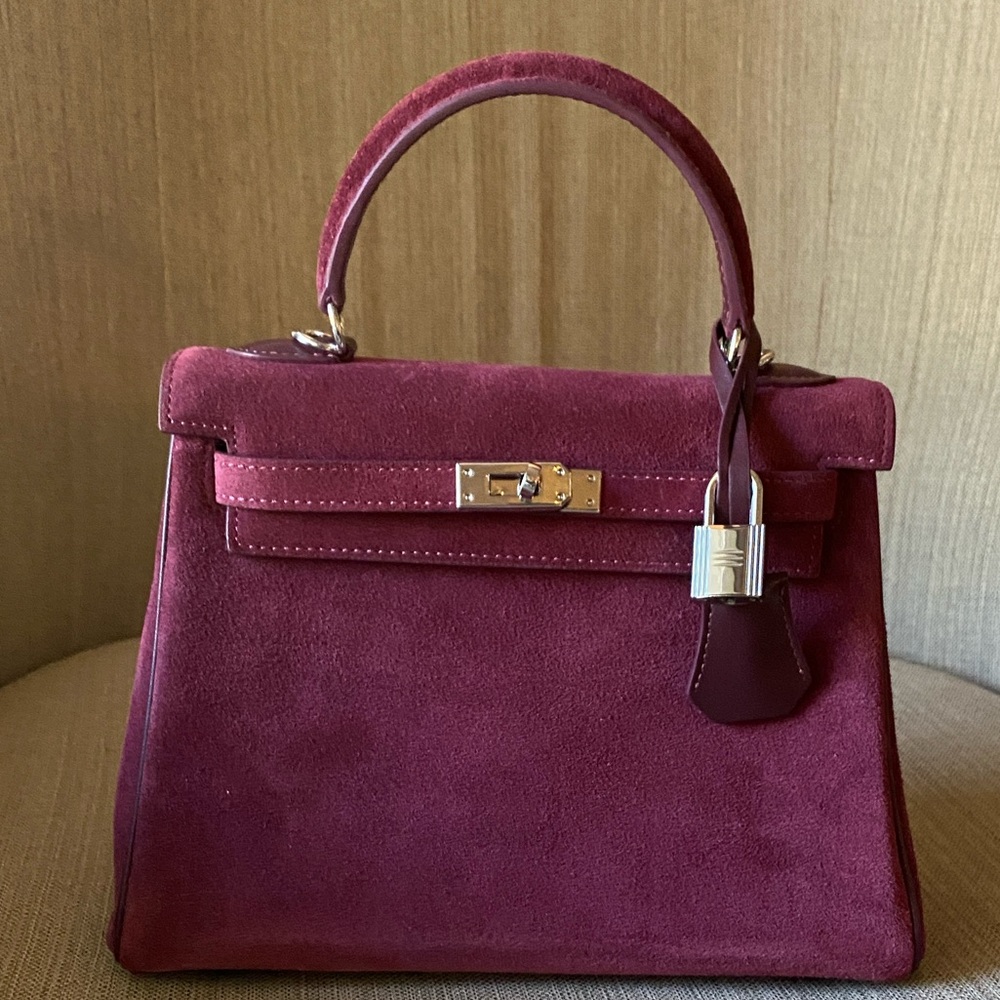 25cm burgundy wine red genuine suede leather top handle handbag k25